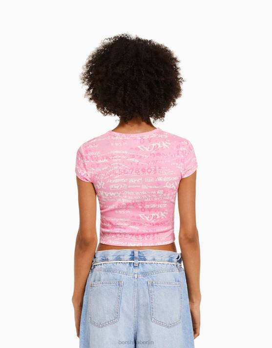 Rosa Bershka Frauen Kurzarm-T-Shirt mit Aufdruck H00J597