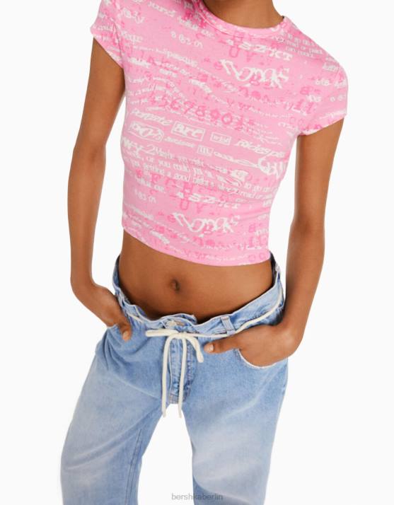 Rosa Bershka Frauen Kurzarm-T-Shirt mit Aufdruck H00J597