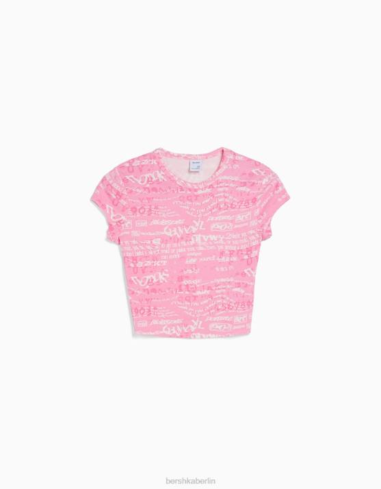 Rosa Bershka Frauen Kurzarm-T-Shirt mit Aufdruck H00J597