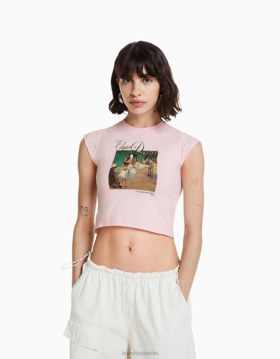 Rosa Bershka Frauen Kurzarm-T-Shirt mit Kunstserie-Print H00J438
