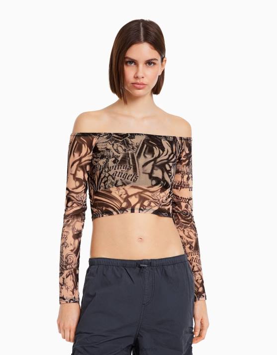 Rosa Bershka Frauen Langärmliges, schulterfreies T-Shirt aus Tüll H00J486