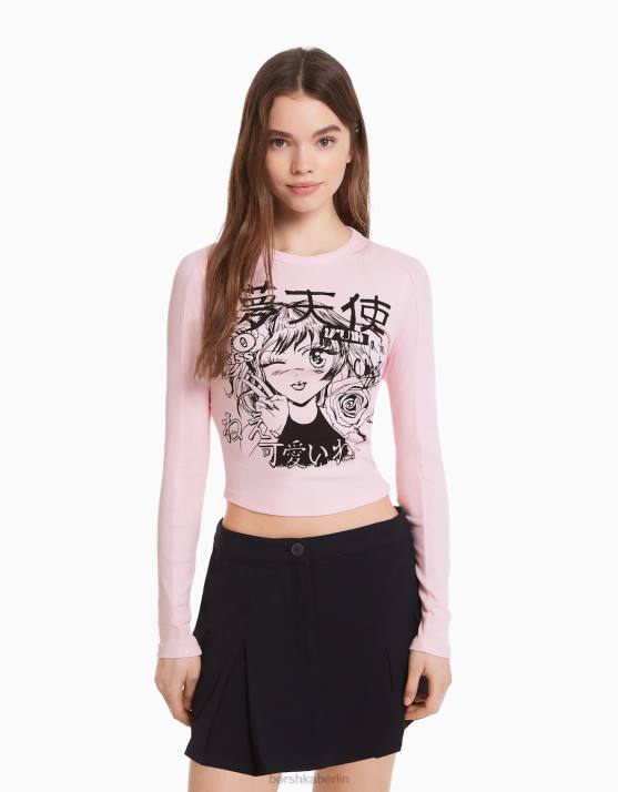 Rosa Bershka Frauen Langarm-T-Shirt mit Anime-Print H00J645