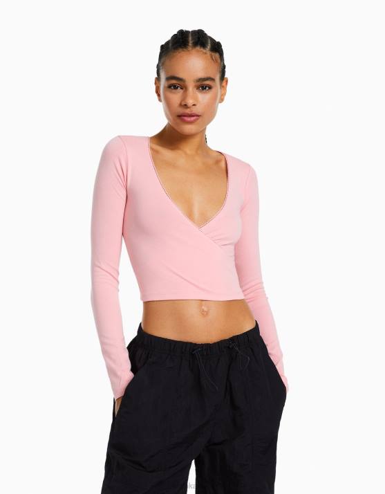 Rosa Bershka Frauen Langarm-T-Shirt mit gekreuzten Ärmeln H00J572