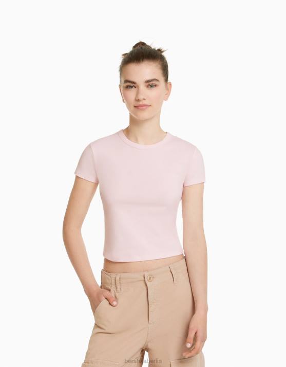 Rosa Bershka Frauen Tailliertes Kurzarm-T-Shirt H00J618