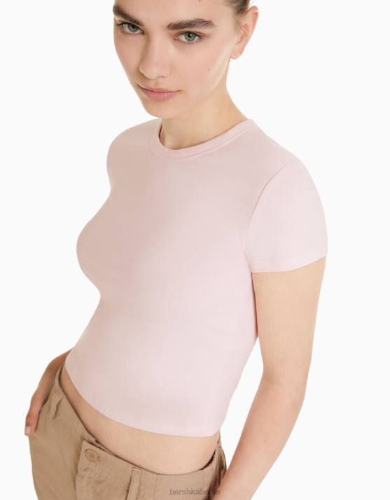 Rosa Bershka Frauen Tailliertes Kurzarm-T-Shirt H00J618