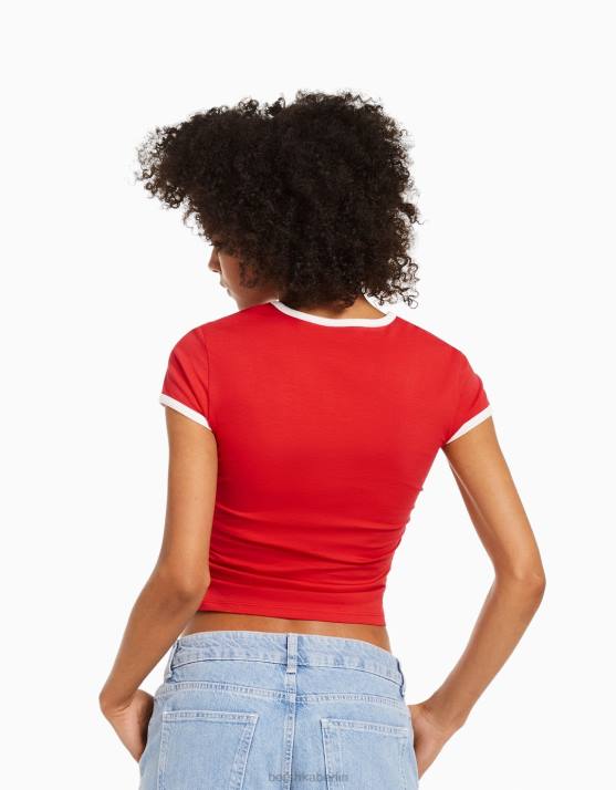 Rot Bershka Frauen Bedrucktes, geripptes Kurzarm-T-Shirt H00J461
