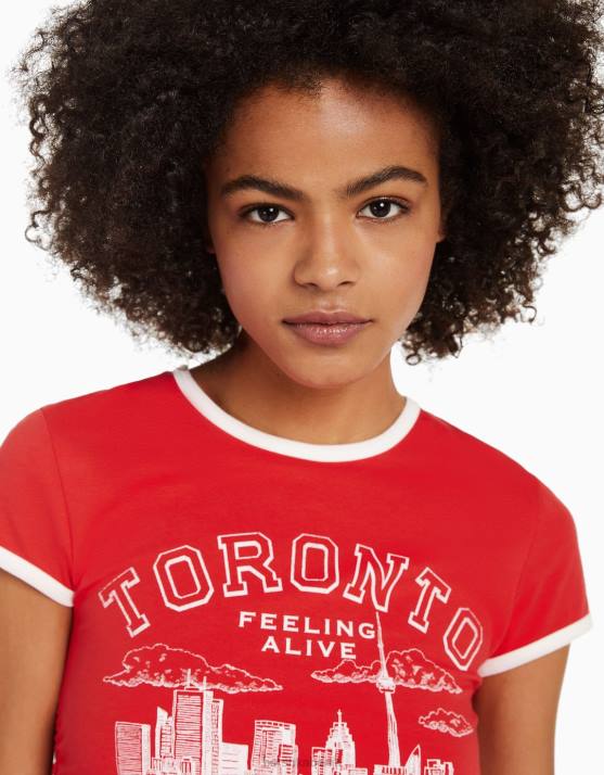 Rot Bershka Frauen Bedrucktes, geripptes Kurzarm-T-Shirt H00J461