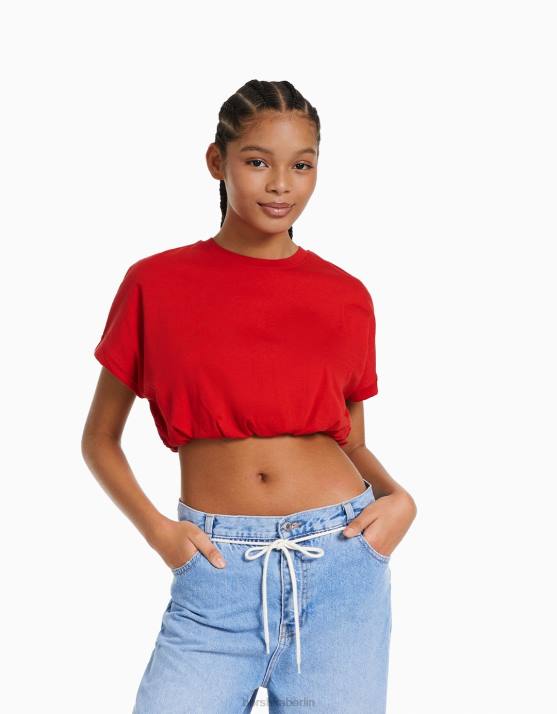 Rot Bershka Frauen Gerafftes Kurzarm-T-Shirt mit Gummizug H00J379