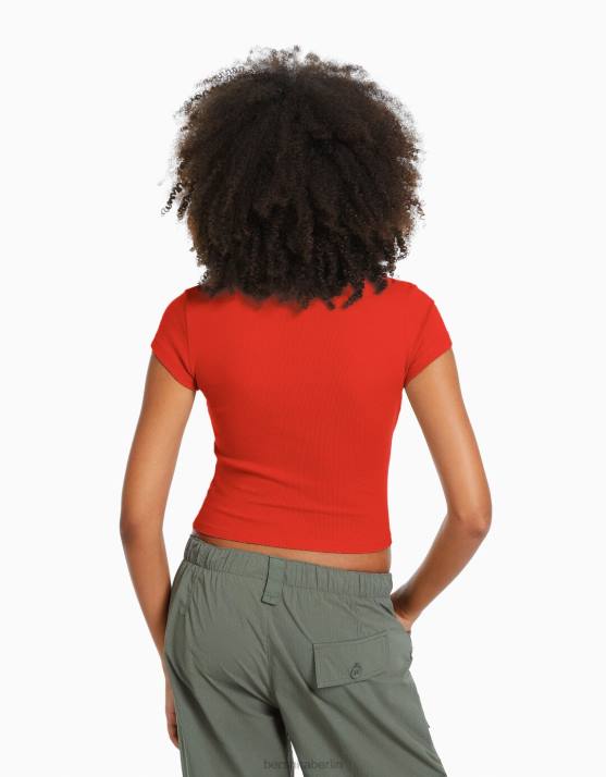 Rot Bershka Frauen Geripptes Kurzarm-T-Shirt H00J351