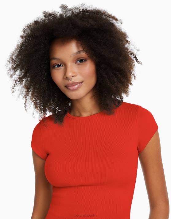 Rot Bershka Frauen Geripptes Kurzarm-T-Shirt H00J351