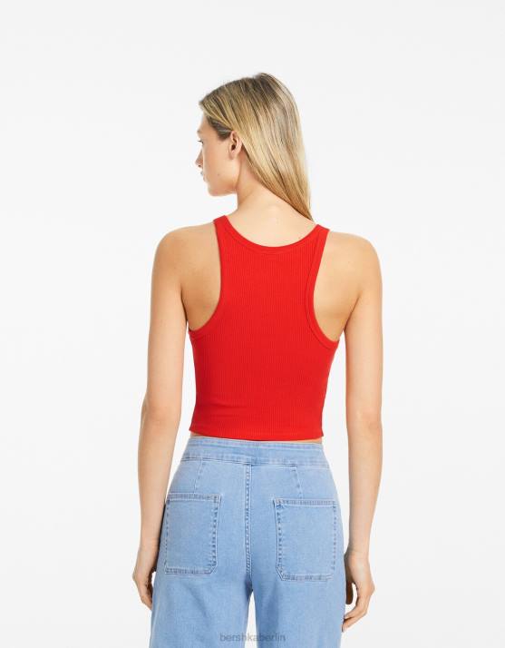 Rot Bershka Frauen Geripptes Tanktop H00J418