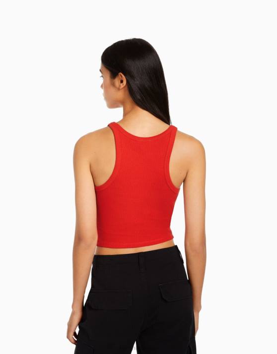 Rot Bershka Frauen Geripptes Tanktop H00J419
