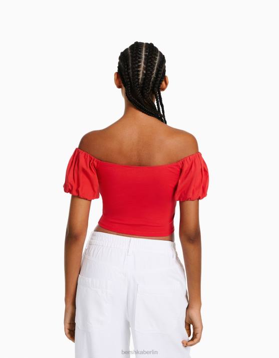 Rot Bershka Frauen Kurzärmliges Oberteil aus Baumwollpopeline H00J381