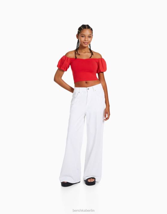 Rot Bershka Frauen Kurzärmliges Oberteil aus Baumwollpopeline H00J381