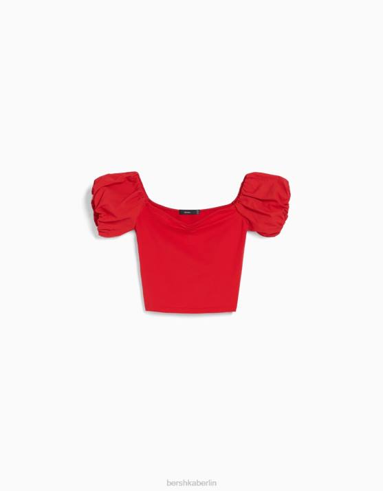 Rot Bershka Frauen Kurzärmliges Oberteil aus Baumwollpopeline H00J381
