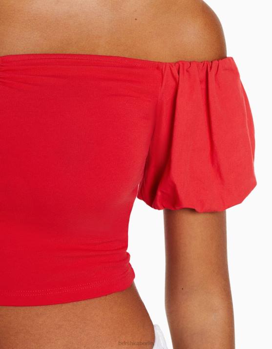 Rot Bershka Frauen Kurzärmliges Oberteil aus Baumwollpopeline H00J381