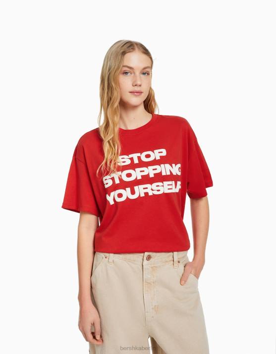 Rot Bershka Frauen Kurzarm-T-Shirt mit Aufdruck H00J405