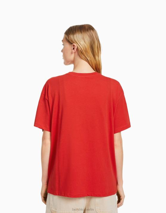 Rot Bershka Frauen Kurzarm-T-Shirt mit Aufdruck H00J405