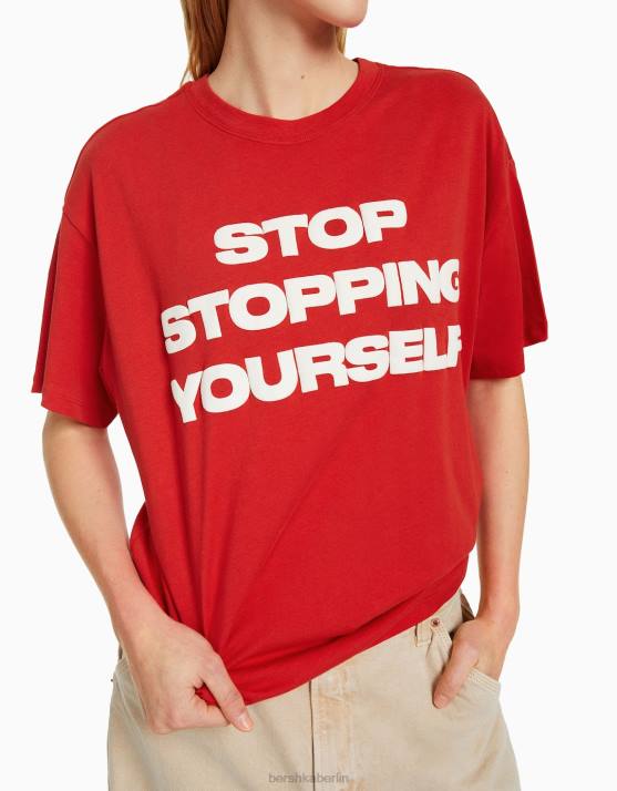 Rot Bershka Frauen Kurzarm-T-Shirt mit Aufdruck H00J405