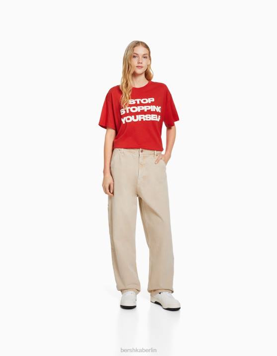 Rot Bershka Frauen Kurzarm-T-Shirt mit Aufdruck H00J405