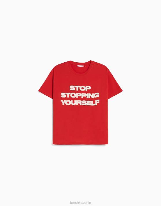 Rot Bershka Frauen Kurzarm-T-Shirt mit Aufdruck H00J405