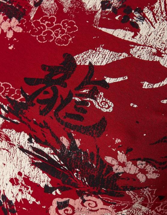 Rot Bershka Frauen Langarm-T-Shirt mit Aufdruck H00J623