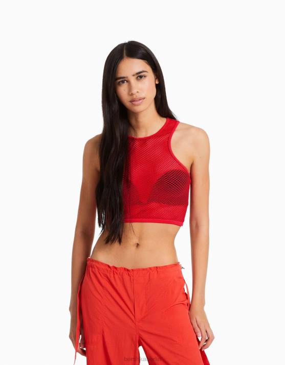 Rot Bershka Frauen Nahtloses, ärmelloses Mesh-T-Shirt H00J356