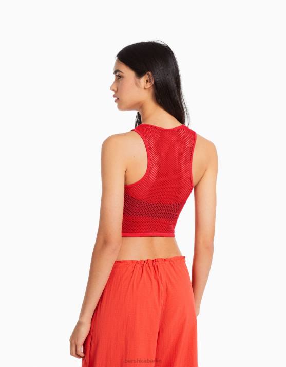Rot Bershka Frauen Nahtloses, ärmelloses Mesh-T-Shirt H00J356
