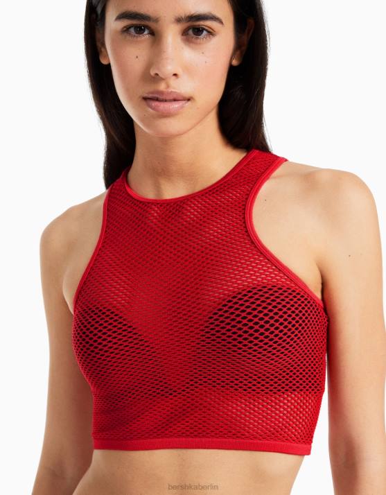 Rot Bershka Frauen Nahtloses, ärmelloses Mesh-T-Shirt H00J356