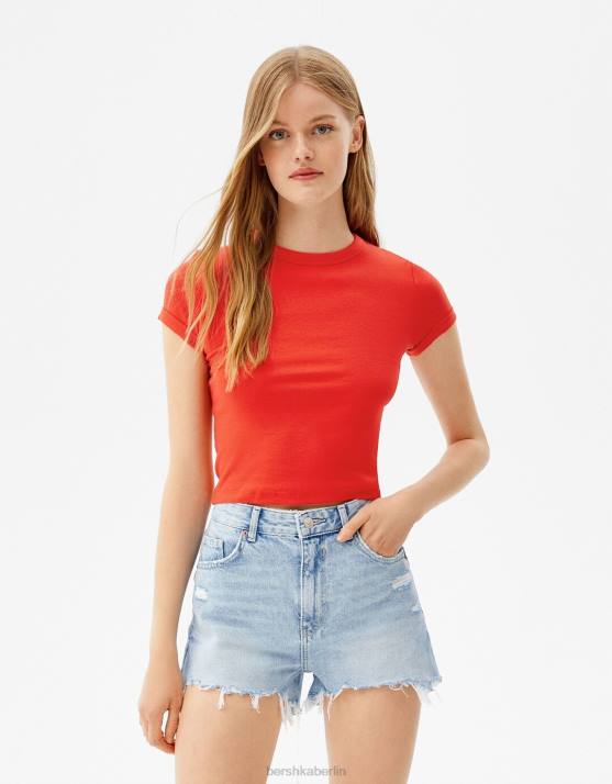 Rot Bershka Frauen Tailliertes Kurzarm-T-Shirt H00J522
