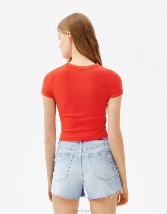 Rot Bershka Frauen Tailliertes Kurzarm-T-Shirt H00J522