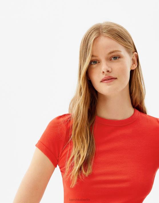 Rot Bershka Frauen Tailliertes Kurzarm-T-Shirt H00J522