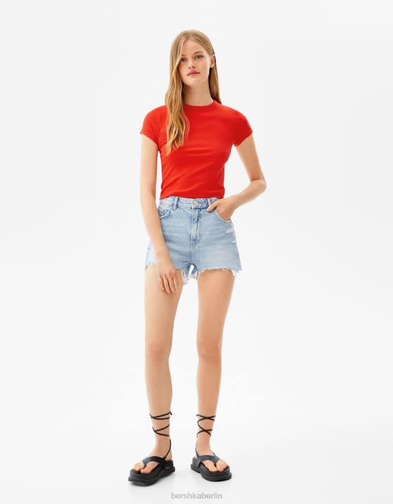 Rot Bershka Frauen Tailliertes Kurzarm-T-Shirt H00J522