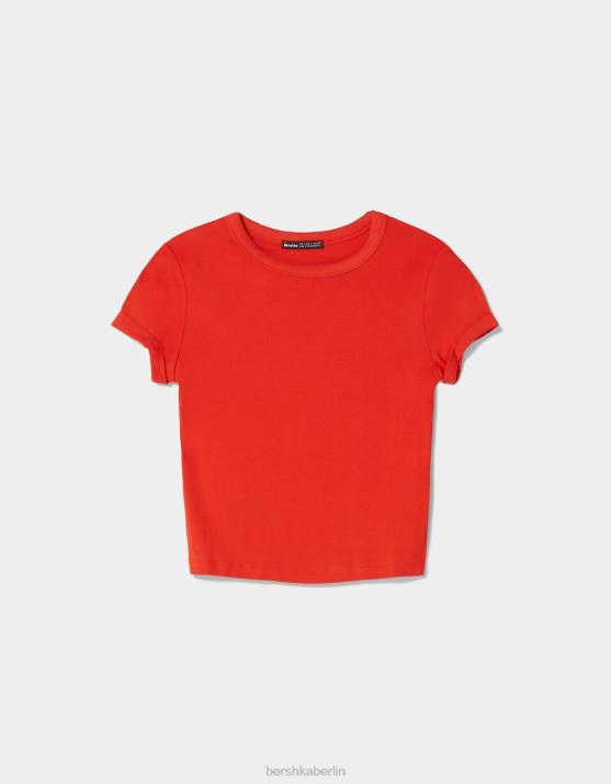 Rot Bershka Frauen Tailliertes Kurzarm-T-Shirt H00J522