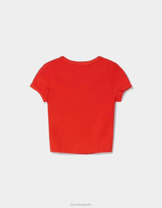 Rot Bershka Frauen Tailliertes Kurzarm-T-Shirt H00J522