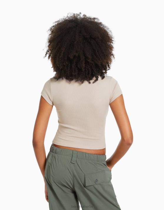 Sand Bershka Frauen Geripptes Kurzarm-T-Shirt H00J346
