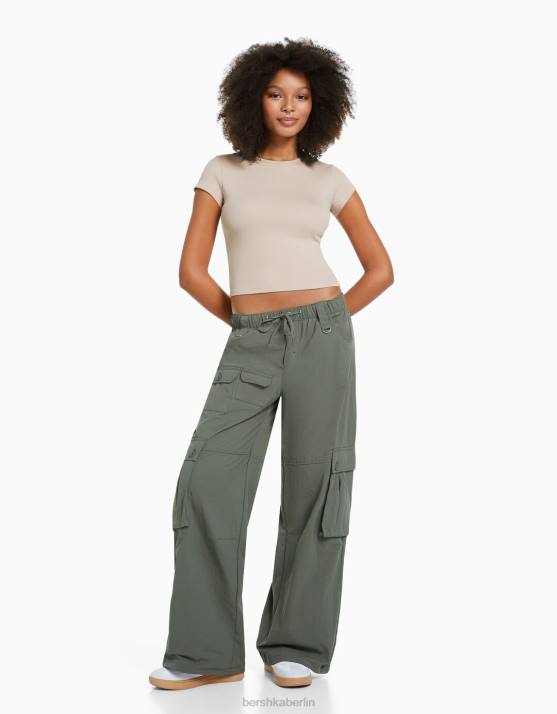 Sand Bershka Frauen Geripptes Kurzarm-T-Shirt H00J346