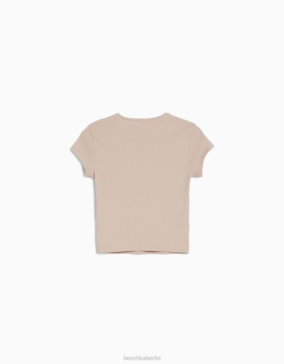 Sand Bershka Frauen Geripptes Kurzarm-T-Shirt H00J346