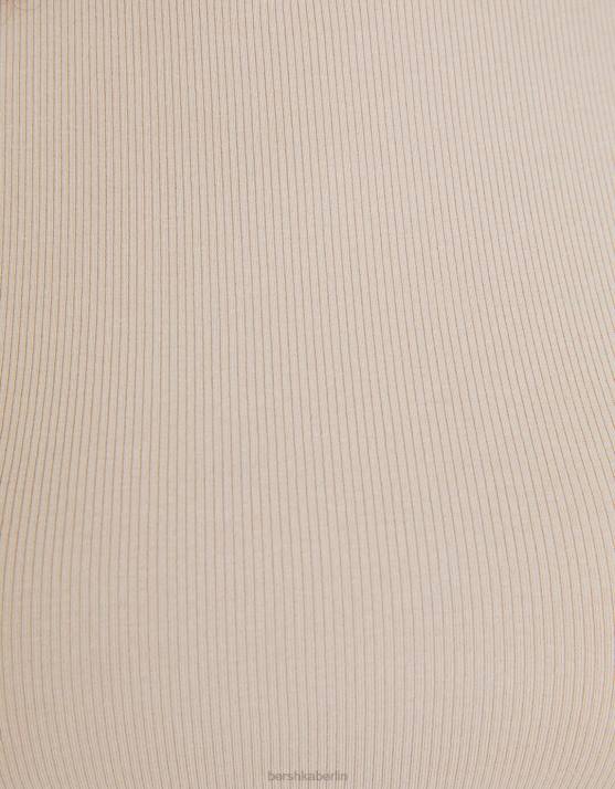 Sand Bershka Frauen Geripptes Kurzarm-T-Shirt H00J346