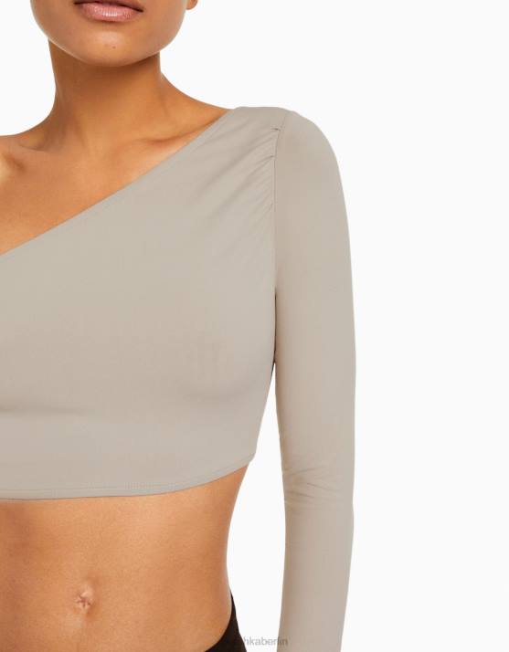 Sand Bershka Frauen Langärmliges, asymmetrisches T-Shirt H00J383