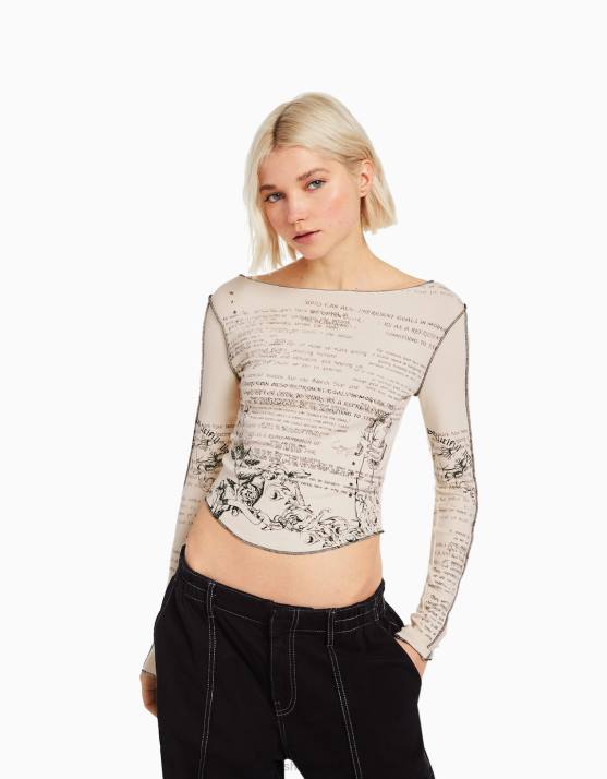 Sand Bershka Frauen Langarm-T-Shirt mit Aufdruck H00J453