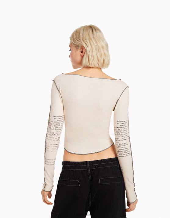 Sand Bershka Frauen Langarm-T-Shirt mit Aufdruck H00J453