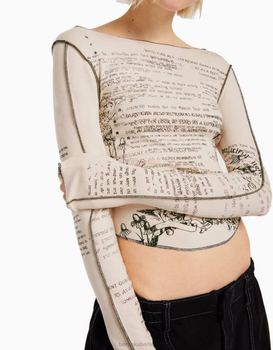 Sand Bershka Frauen Langarm-T-Shirt mit Aufdruck H00J453