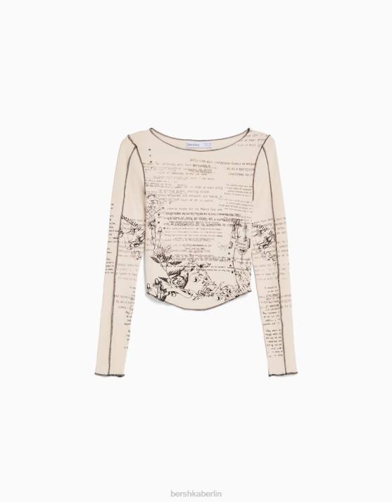 Sand Bershka Frauen Langarm-T-Shirt mit Aufdruck H00J453