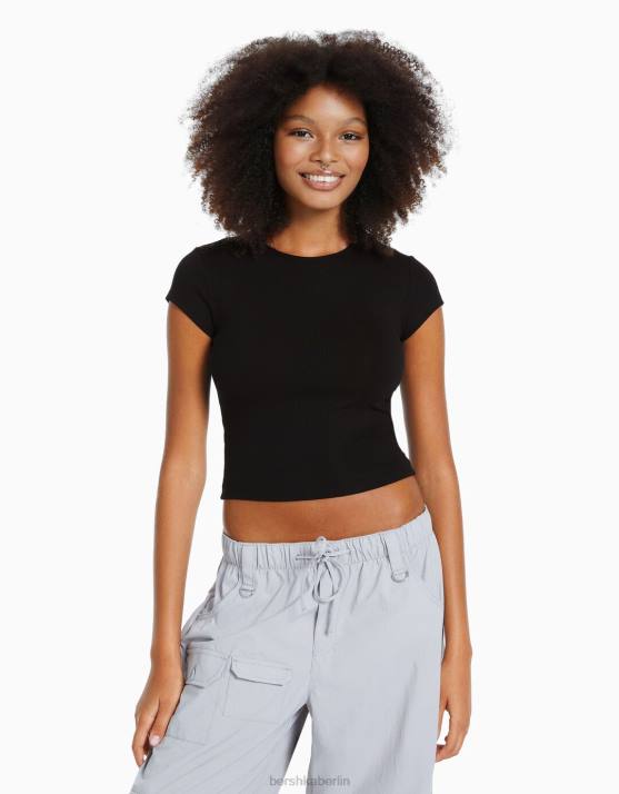 Schwarz Bershka Frauen Geripptes Kurzarm-T-Shirt H00J344
