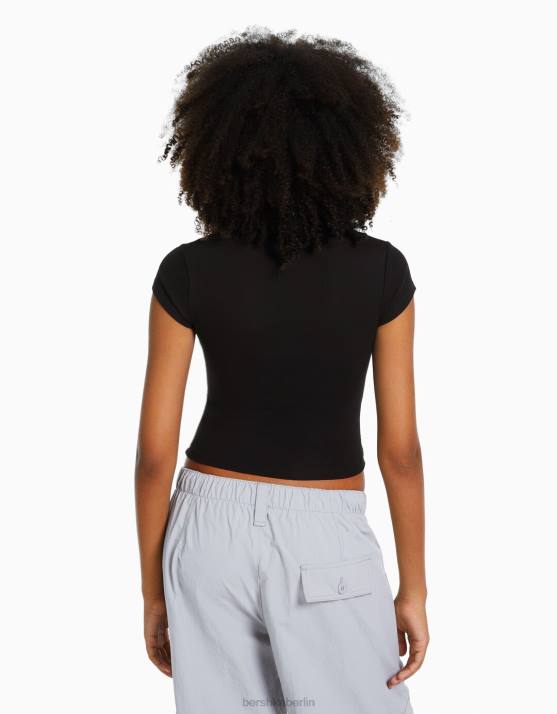 Schwarz Bershka Frauen Geripptes Kurzarm-T-Shirt H00J344