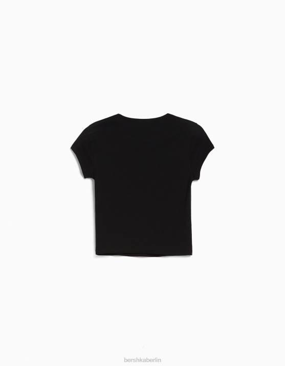 Schwarz Bershka Frauen Geripptes Kurzarm-T-Shirt H00J344
