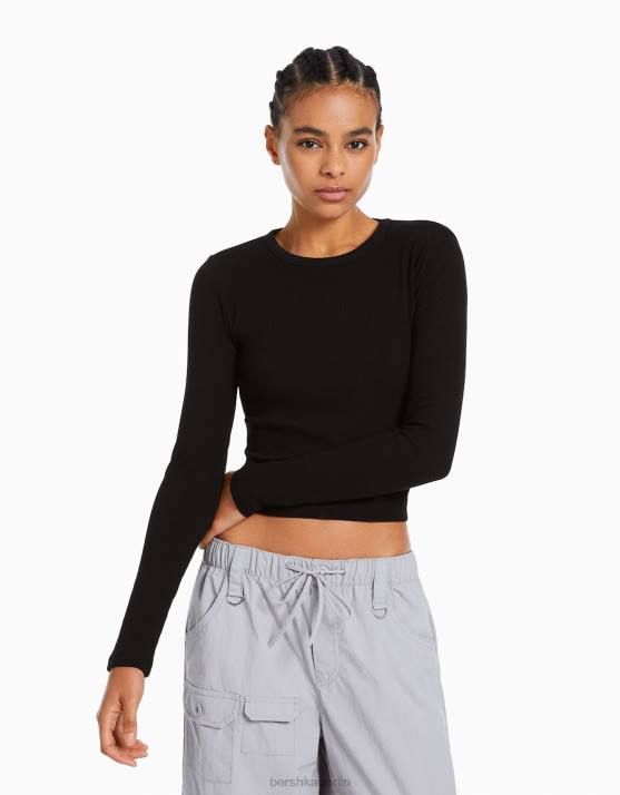 Schwarz Bershka Frauen Geripptes Langarm-T-Shirt H00J433