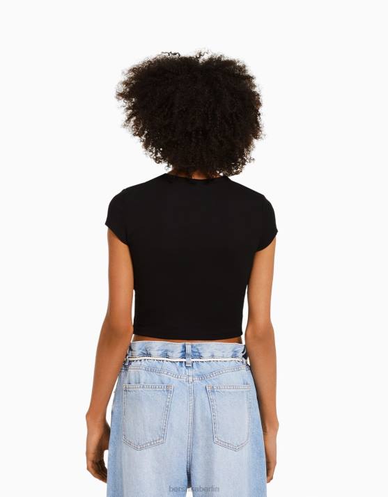 Schwarz Bershka Frauen Kurzarm-T-Shirt mit Aufdruck H00J594