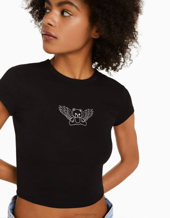 Schwarz Bershka Frauen Kurzarm-T-Shirt mit Aufdruck H00J594